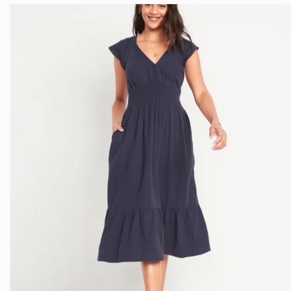 Waist-Defined Flutter-Sleeve Smocked Midi Dress
